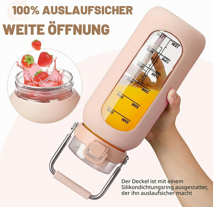 BLUEGO 2000ml Glaswasserflasche mit Edelstahlgriff und Zeitmarkierung 2L Trinkflasche Borosilikatgla