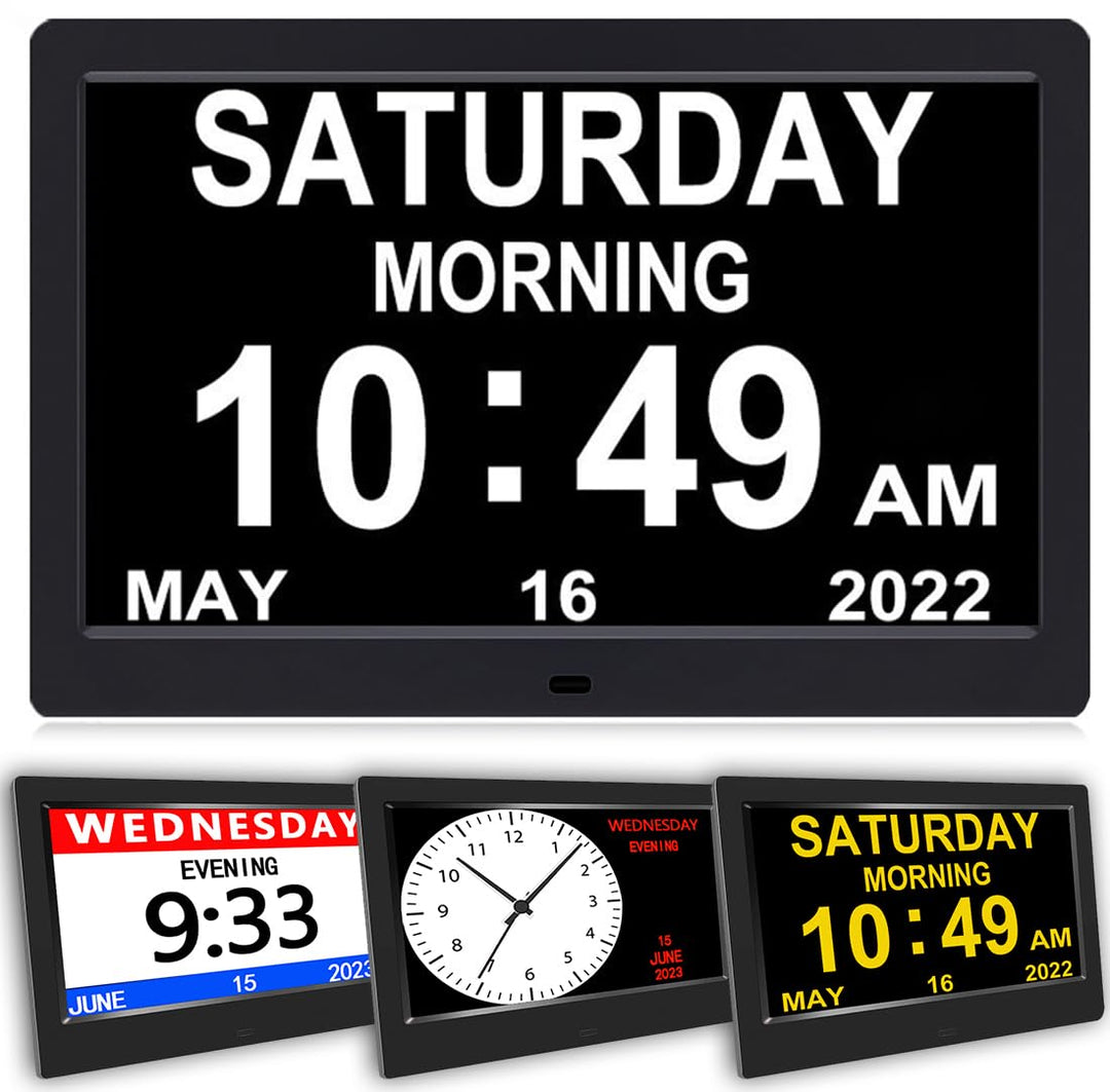 AINFTIME Uhr mit Tag und Datum für ältere Menschen, 3 Farben, digitaler Kalender, Wecker, Demenz, Al