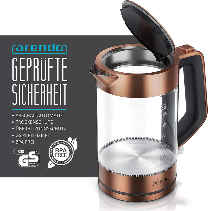 Arendo - Glas Wasserkocher Edelstahl - 1,7 Liter - 2200W - Cool Touch Griff - One Touch Verschluss -