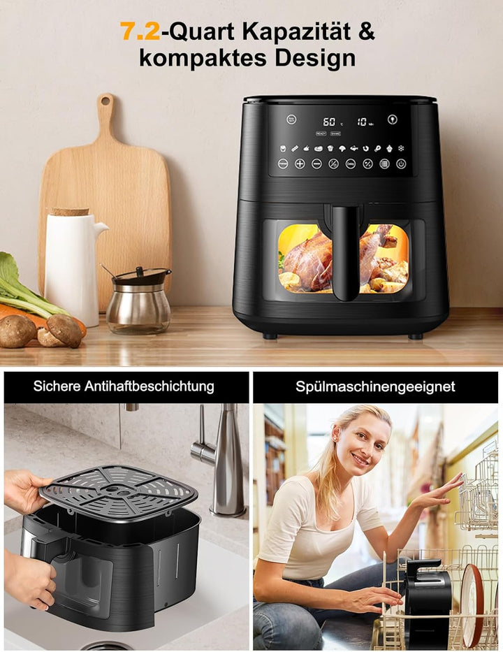 7,2L Heissluftfritteuse Airfryer mit Sichtfenster, 11-in-1 Air Fryer XXL mit Warm halten, Vorheizfun