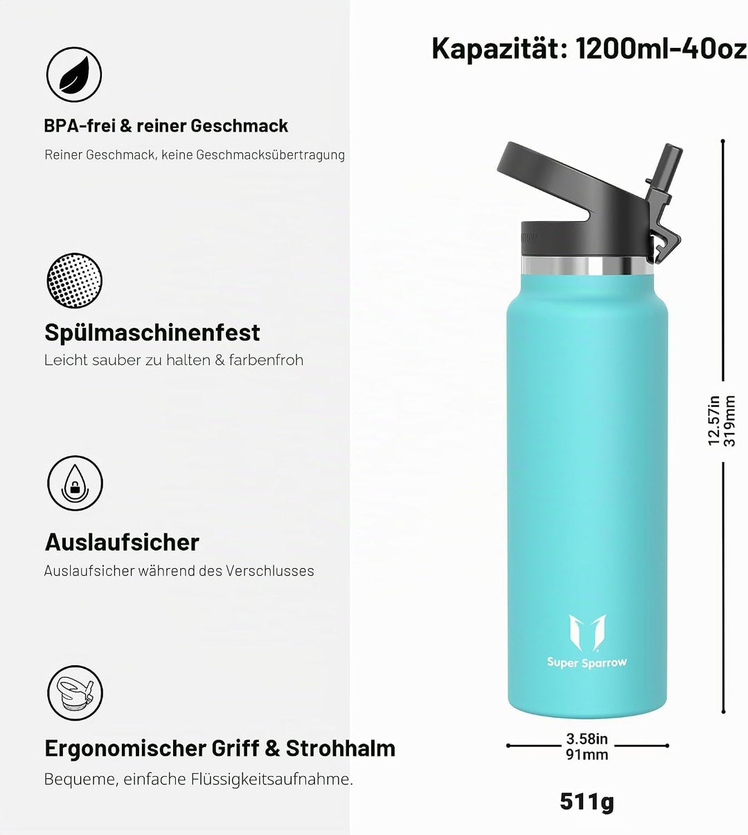 Super Sparrow Trinkflasche Edelstahl 1200ml - Breite Öffnung SwivelSip Thermosflasche - BPA-Frei The