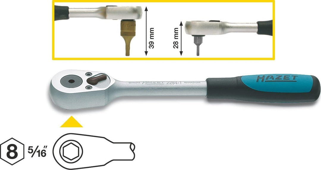 HAZET Umschaltknarre (5/16 Zoll Sechskantaufnahme, 30 Zähne, ideal für Bits) 2264-1 5/16" Sechskanta