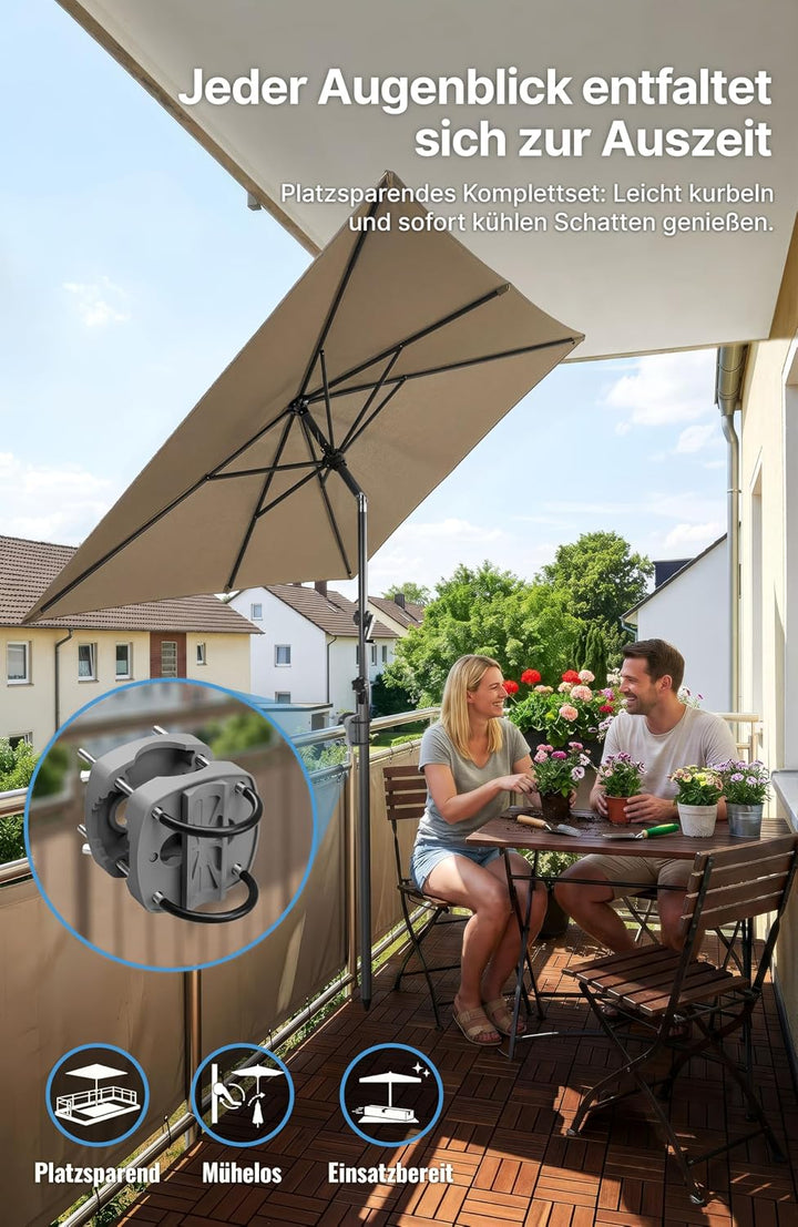 4smile SunnyShade Sonnenschirm Balkon mit Halterung im 3-er-Set, 210x140 cm,UV 50+, Taupe, Balkonsch