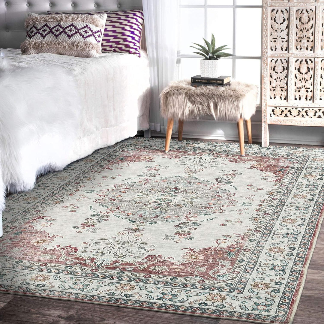 TALETA Mila Teppich Wohnzimmer, Blumenteppich Kurzflor,Wasserabweisender Orientalischer Küchenteppic