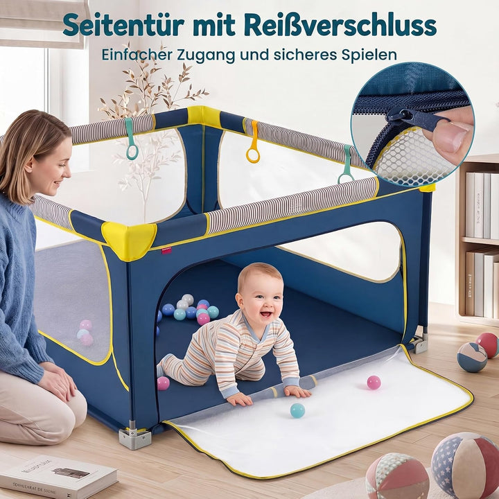 DREAMADE Laufstall Baby Faltbar, 150 x 150 x 76,5 cm Laufgitter mit 50 Ozeanbällen, 4 Haltegriffen &amp;
