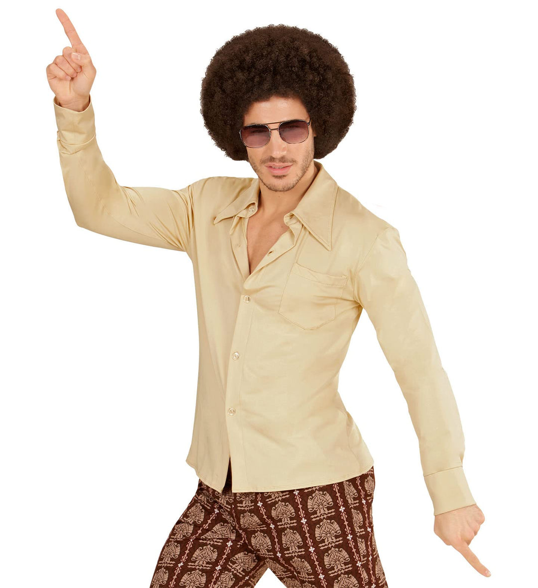 shoperama 70er Jahre Retro Hemd mit und ohne Muster Disco Herren Kostüm Siebziger Schlager XXL Beige