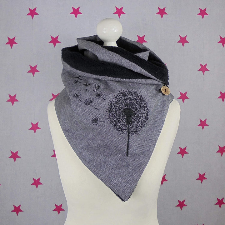 pinkeSterne ☆ Warmer Wickelschal Knopfschal Grau Pusteblume Stickerei
