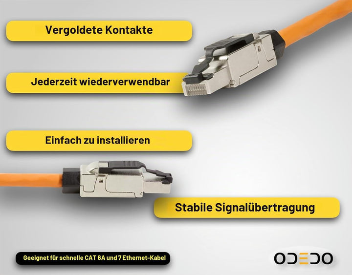 odedo 8X CAT 6A &amp; 7 RJ45 Crimp Stecker Netzwerkstecker feldkonfektionierbar bis 10 Gigabit für Verle
