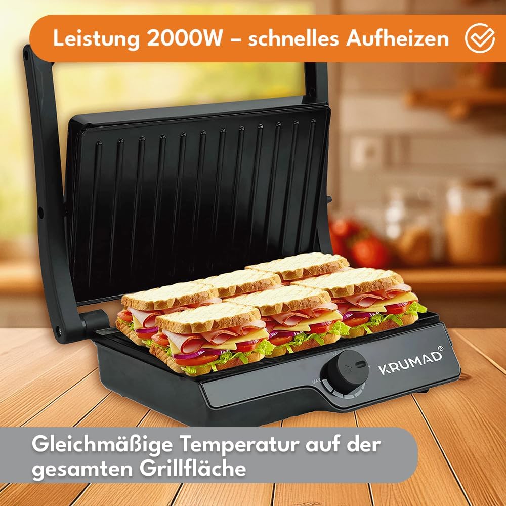 Kontaktgrill 2000W, Sandwich Maker, Elektro Grill Mini 2-Slice, Antihaftbeschichtung, Ideal für Sand