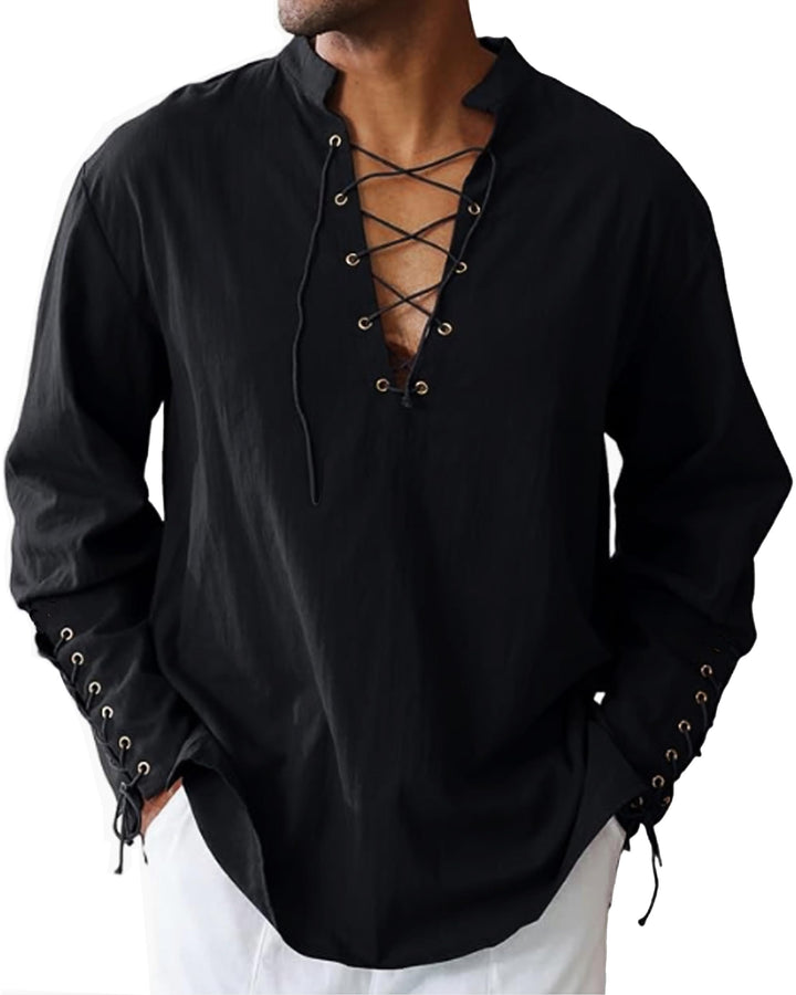 LUYANA Herren Mittelalter Hemd Leinenhemd Schnürung Piratenhemd Renaissance Wikinger Shirt Stehkrage