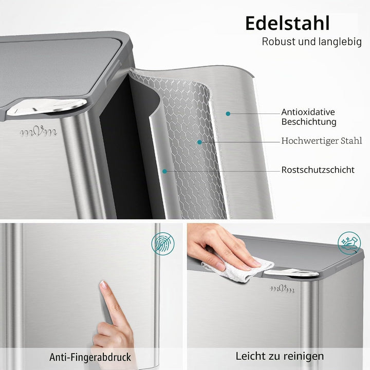 mVm Küchen &amp; Büromülleimer 50L, Edelstahl, Rechteckig, Mit Deckel &amp; Geruchsfilter, Sanftschliessend