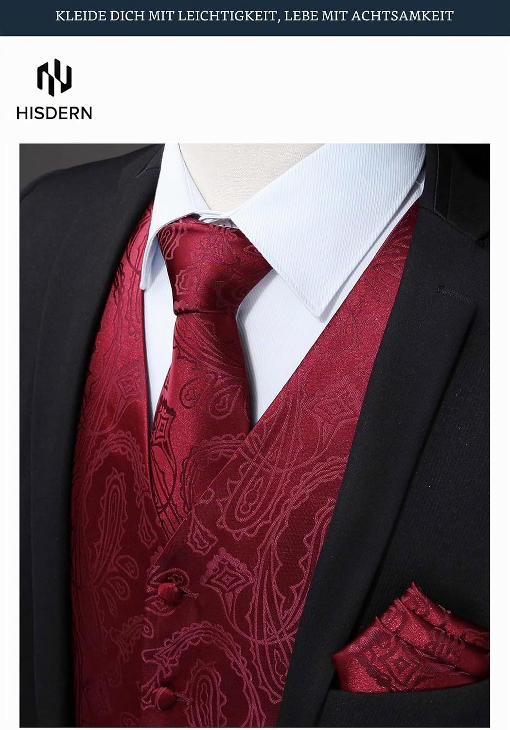 HISDERN Herren FLoral Hochzeit Weste Krawatte Einstecktuch Taschentuch Jacquard Weste Anzug Set M Bu