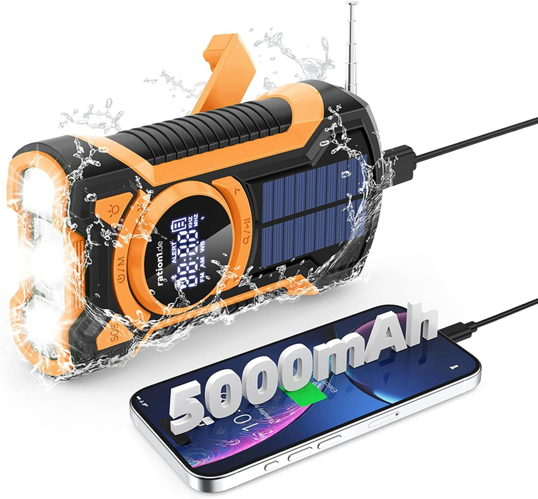 ration1 Kurbelradio mit Solar und Powerbank – Notfallradio mit 5000 mAh, Bluetooth, SOS-Alarm & LED