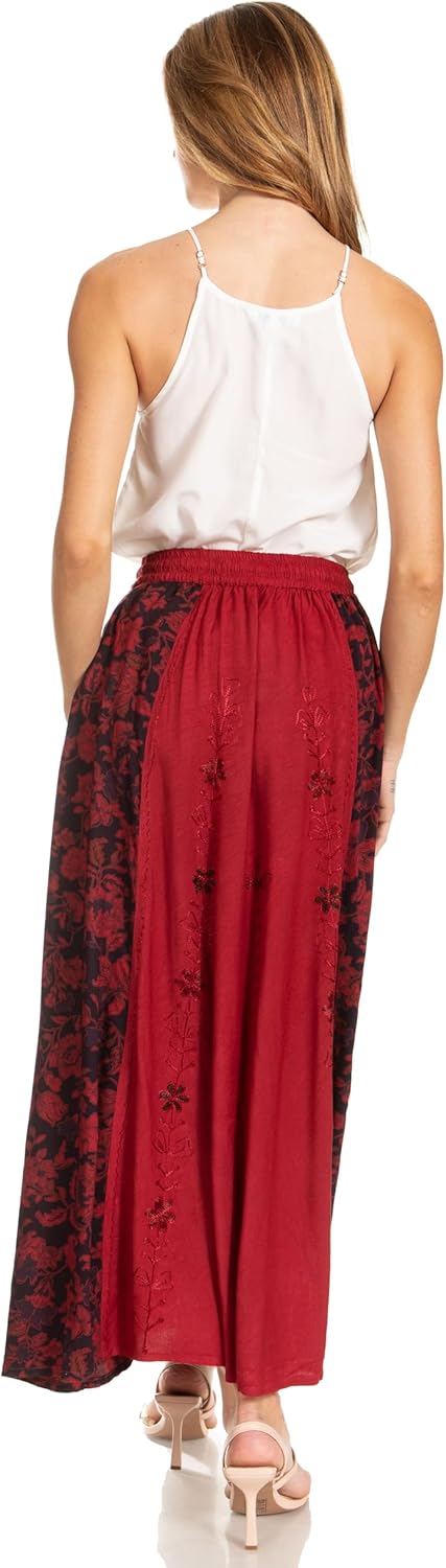 Sakkas Maran Frauen Boho Stickerei Rock mit elastischer Taille und Taschen Einheitsgrösse Grosse Grö