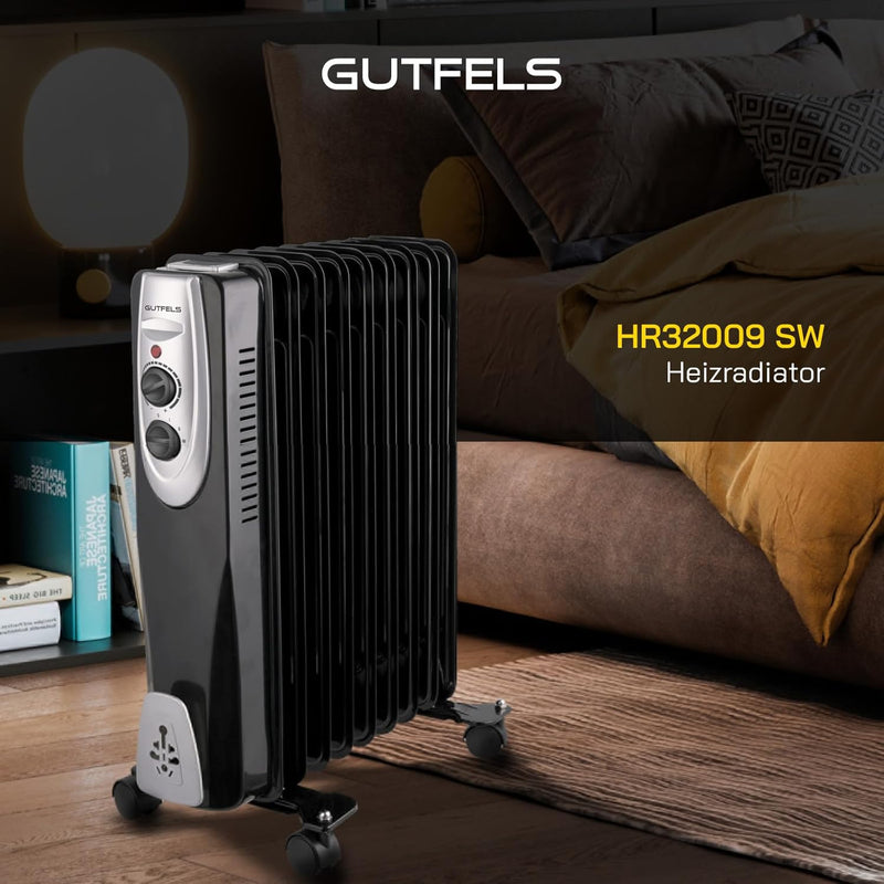 Gutfels HR 32009 sw Öl-Radiator | 3 Heizstufen | 9 Rippen | 2000 Watt Leistung | Schwarz, 5050075