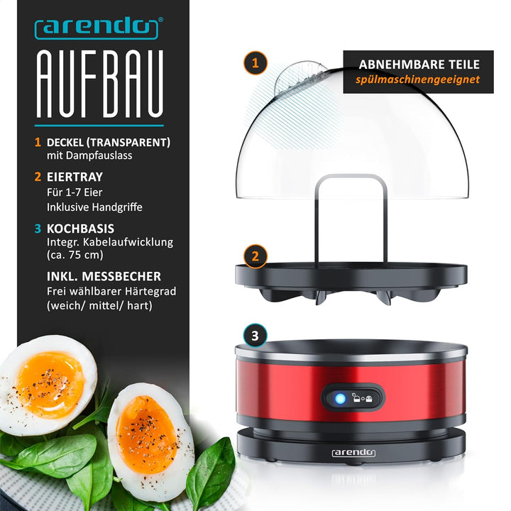 Arendo Sevencook Eierkocher 400 W – Edelstahl Design - 1-7 Eier - Egg Cooker - EIN/AUS-Schalter – 3