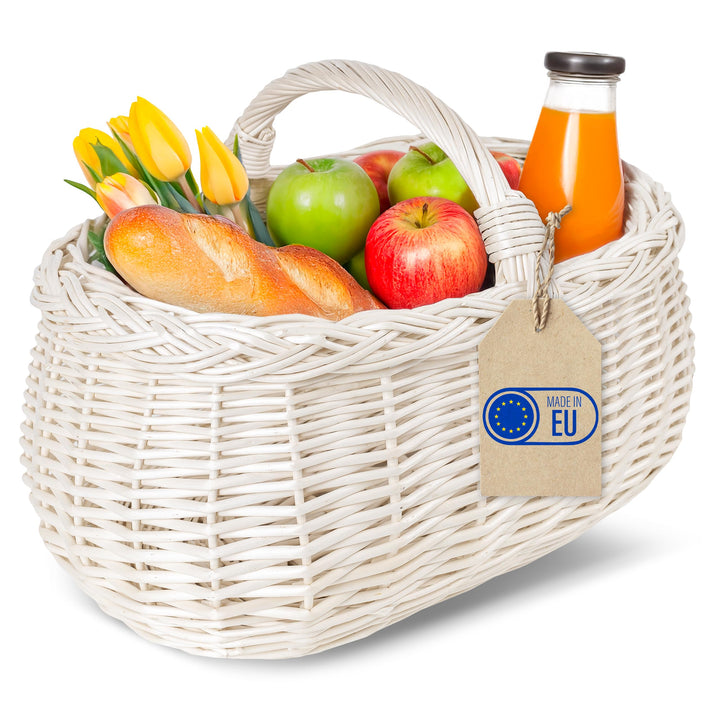 Creative Home Weisse Grosse Picknickkorb Weidenkorb mit Henkel Einkaufskorb | 45 x 32 x 34 cm (+/- 1