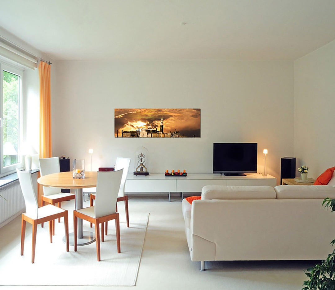 Paul Sinus Art Panoramabild auf Leinwand und Keilrahmen 150x50cm Venedig Gondeln Wasser Sonnenunterg
