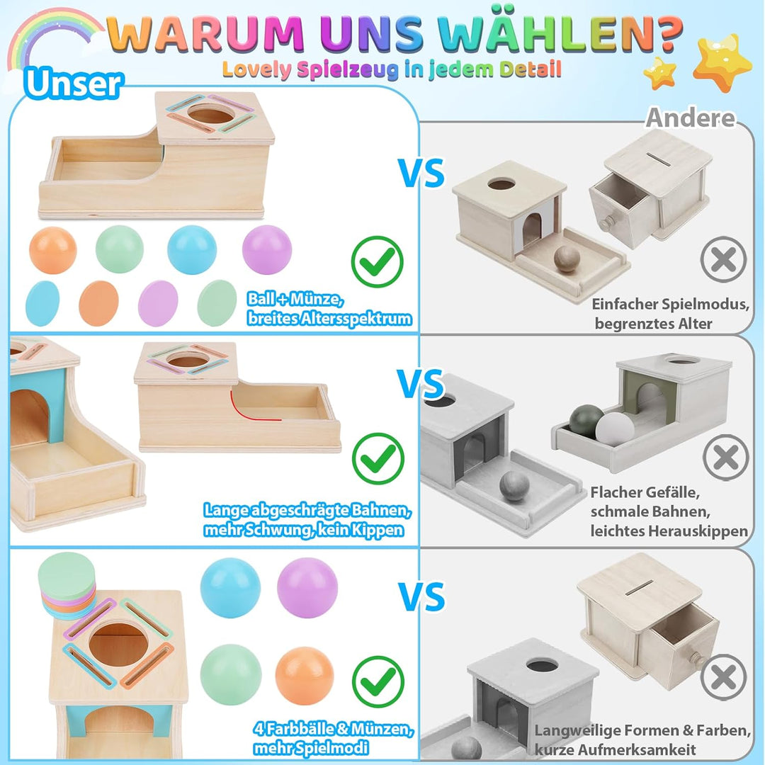 FCSONU Kinder Montessori Spielzeug ab 1 2 3 Jahre Jungen Mädchen, Holz Objektpermanenz Box Kugelbahn