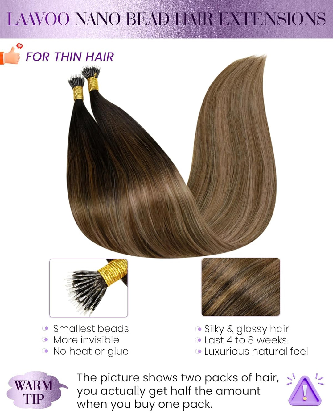 LaaVoo Balayage Echthaar Nanoring Extensions Dunkelstes Braun mit Mittel Braun und Aschblond 35 cm C
