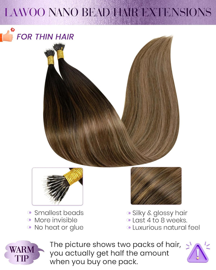 LaaVoo Balayage Echthaar Nanoring Extensions Dunkelstes Braun mit Mittel Braun und Aschblond 35 cm C