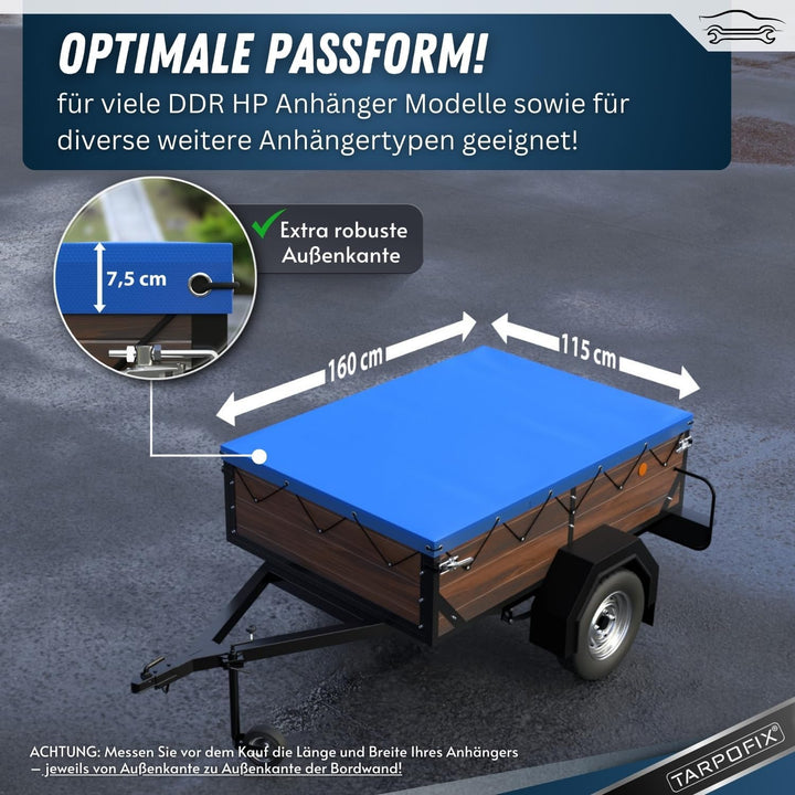 Tarpofix® Anhängerplane Flachplane 160 x 115 x 7,5 cm - inkl. Planenseil - randverstärktes Anhänger