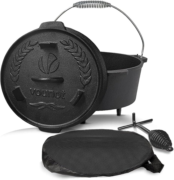 VOUNOT Dutch Oven Set 4.25 Liter, Eingebrannter Feuertopf aus Gusseisen für Garten Lagerfeuer Campin