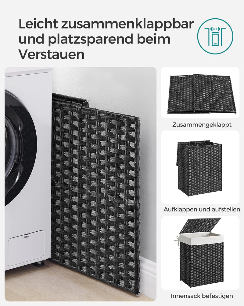 SONGMICS Wäschekorb 90 Liter, handgeflochten, Wäschesammler aus synthetischem Rattan, mit Deckel und