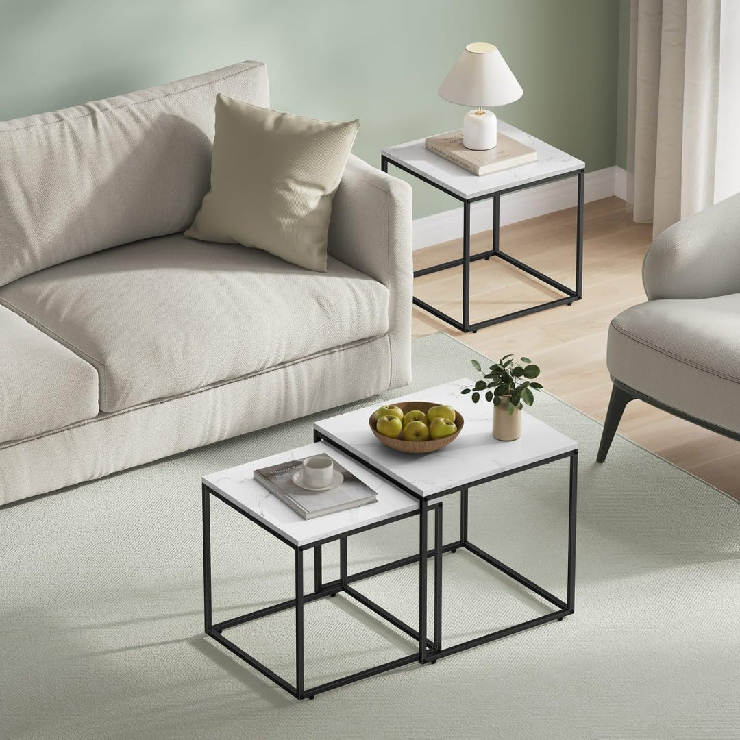 NMK HOME 2er Set Couchtische – Quadratisch – Marmor Weiss Schwarz – Industrial Design – platzsparend