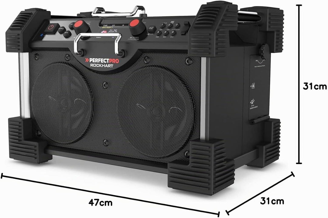 PerfectPro Baustellenradio ROCKHART, DAB+ und UKW-Empfang, Bluetooth, AUX und USB-Eingang, Inklusive