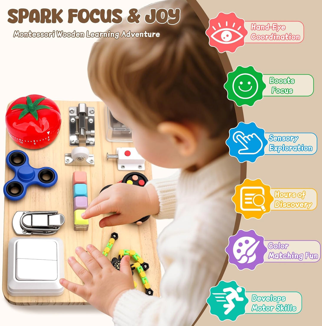 Dilabnda Montessori Motorikbrett, Busy Board Sensorik Spielzeug Holzbrett für Baby Kleinkind ab 3 Ja