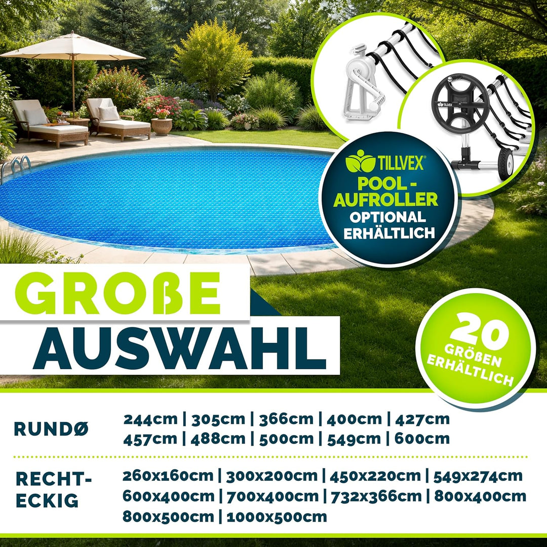 tillvex® Premium Pool Solarabdeckplane 400 µm Rechteckig 800x400 cm | Solarfolie Wärmeplane zuschnei