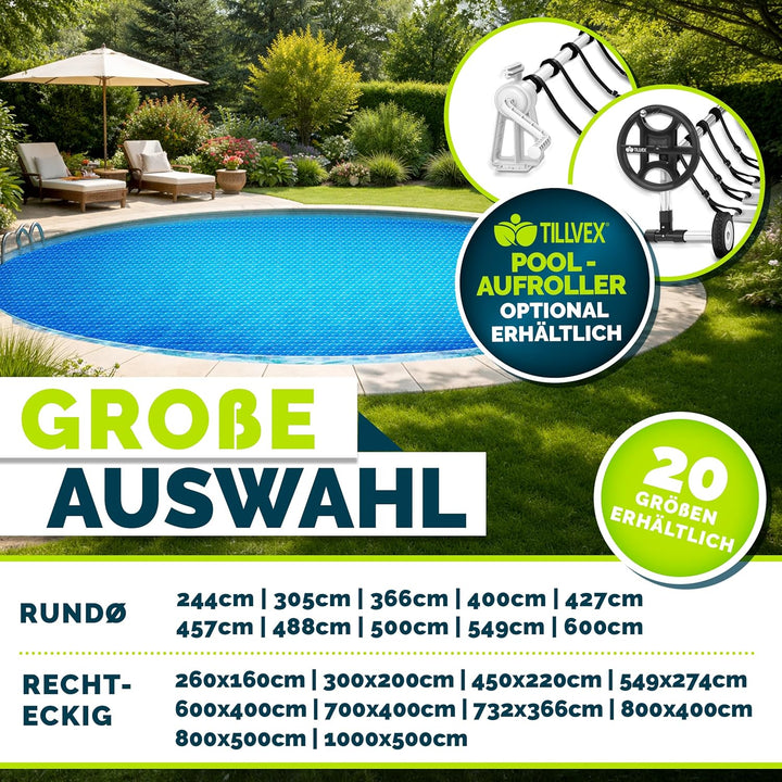 tillvex® Premium Pool Solarabdeckplane 400 µm Rechteckig 800x400 cm | Solarfolie Wärmeplane zuschnei