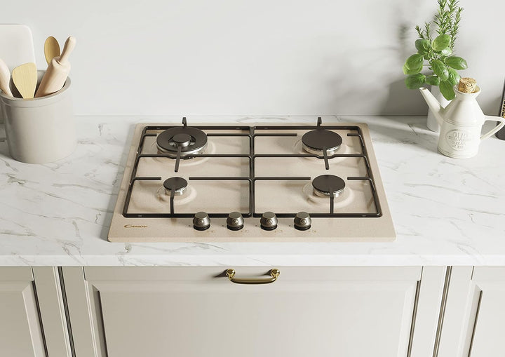 Candy CHW6BRAV4WGT Einbau-Gasherd, 4 Brenner, klassische Linie, emaillierte Grillroste, Sicherheitsv