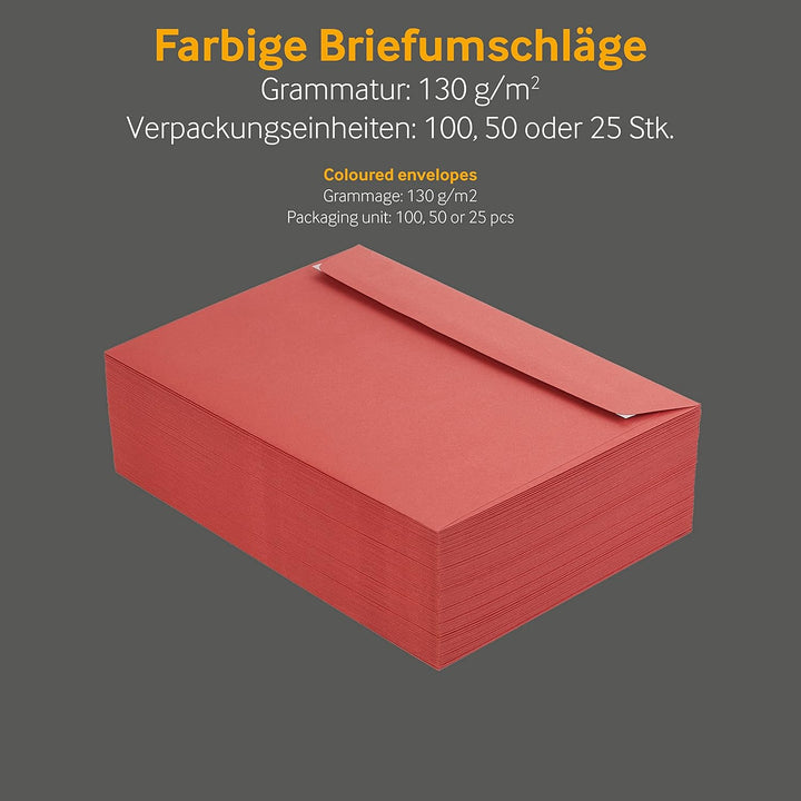 100 Stück, Farbige Briefumschläge, DIN C5, Haftklebung mit Abziehstreifen, Gerade Klappe, 120 g/qm C