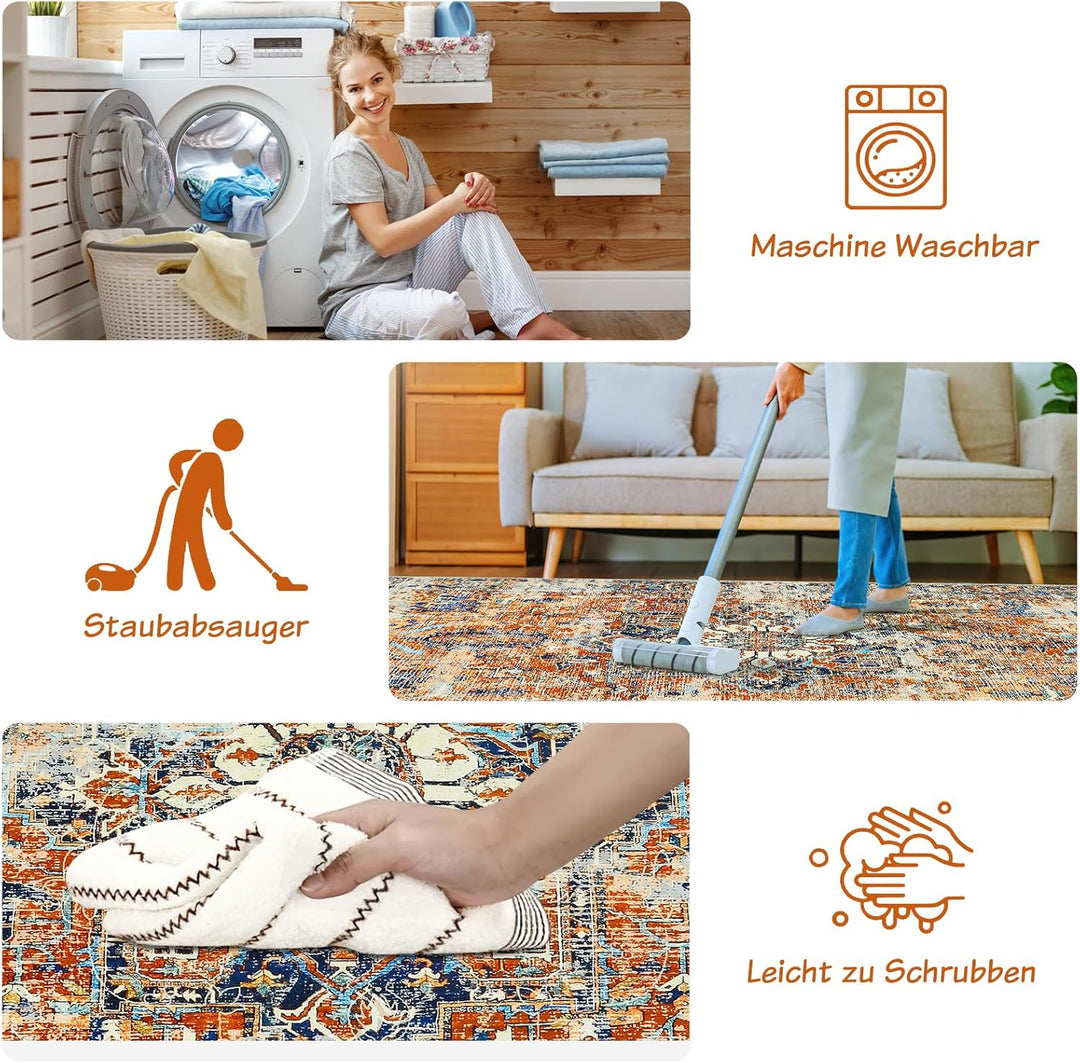 WONGS BEDDING Boho Teppich Wohnzimmer Schlafzimmer Kurzflor Teppiche Waschbar Weich rutschfest Vinta
