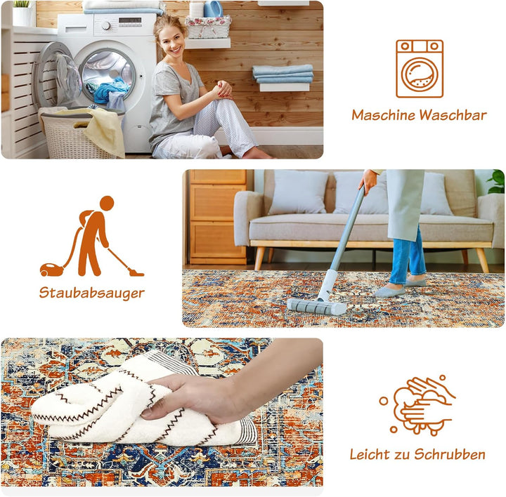 WONGS BEDDING Boho Teppich Wohnzimmer Schlafzimmer Kurzflor Teppiche Waschbar Weich rutschfest Vinta
