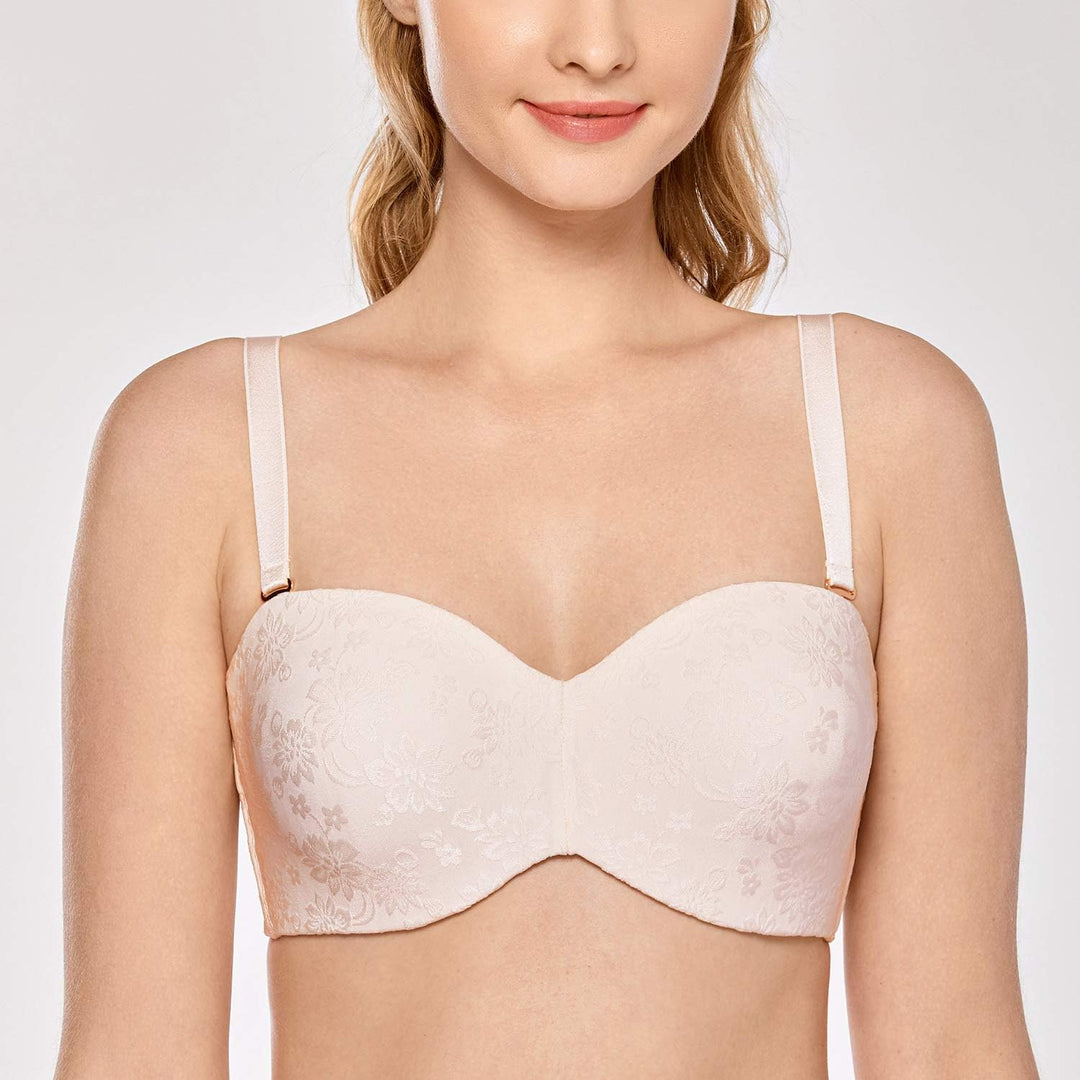 DELIMIRA Damen Jacquard Trägerloser BH Grosse Grössen mit Bügel Bandeau BH ohne Träger ohne Polster