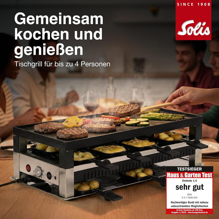 Solis 5in1 Tischgrill mit 1400 W, Elektrischer Grill für 8 Personen, Indoor Grill mit Raclette- und