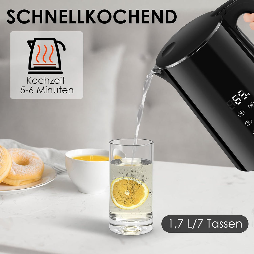 VORSCH Wasserkocher Edelstahl 1,7 L mit LCD-Temperaturanzeige, Temperaturwahl 40-100 °C, Trockengehs