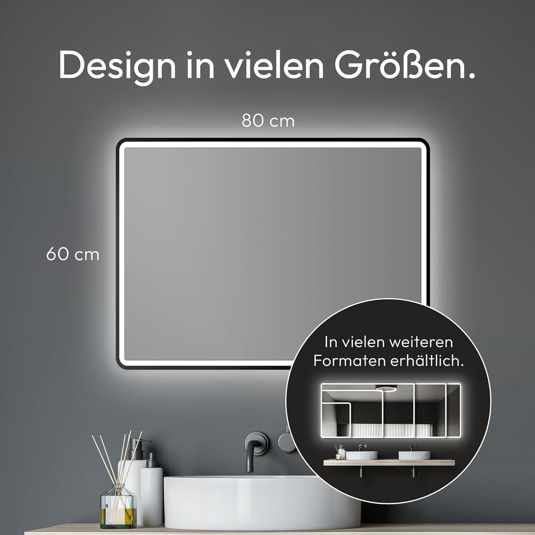 Talos LED Badspiegel 80x60 cm Badezimmerspiegel mit Beleuchtung matt schwarzer Aluminiumrahmen Wands