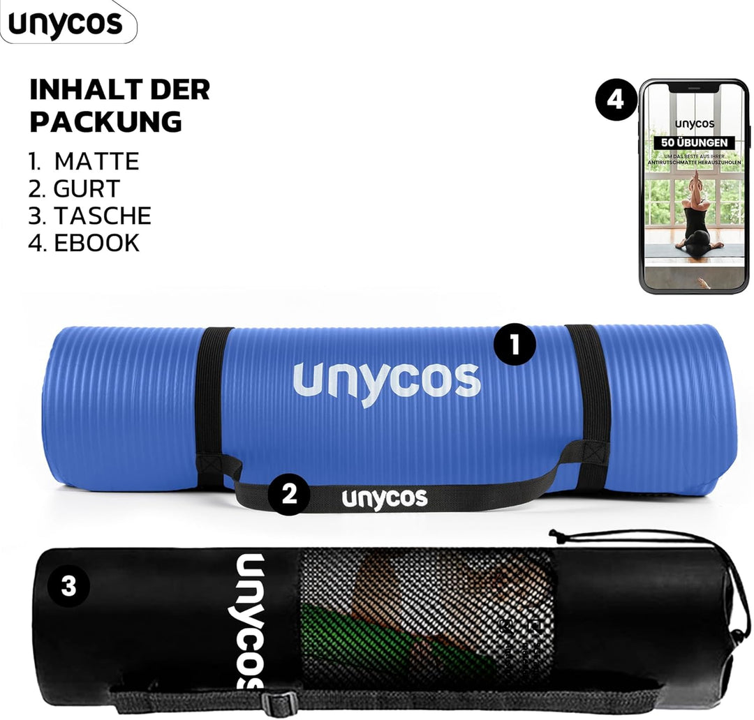 unycos - Yogamatte Rutschfeste | Hohe Dichte 6/10/15 mm, Gymnastikmatte mit Tragegurt und Schultergu