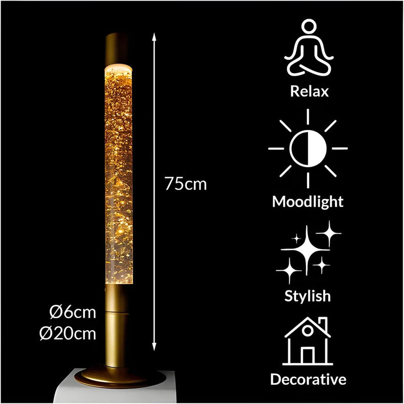 FISURA - Grosse Glitzer-Lavalampe. XXL-Lavalampe mit goldenem Sockel, transparenter Flüssigkeit und