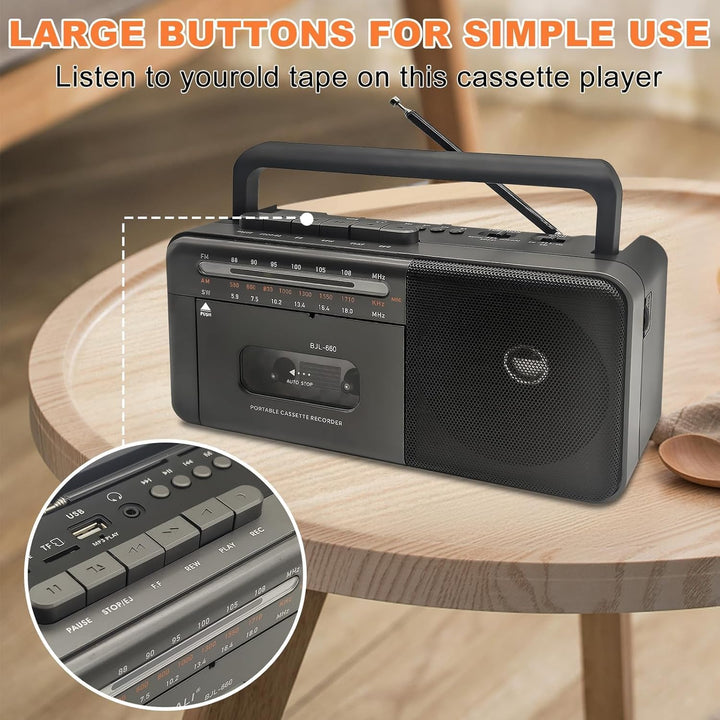 Kassettenspieler Bluetooth Boombox, Tape Recorder AM/FM/SW Radio Stereo Tape Player/Recorder mit gro