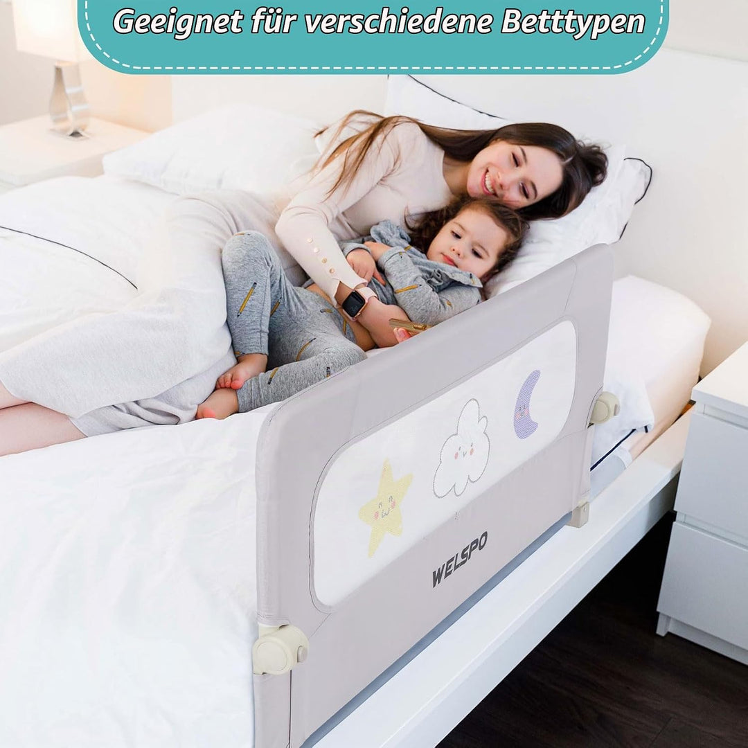 welspo Bettgitter Bettschutzgitter Bettgitter mit Kindermotiven, Rausfallschutz für Kinderbett, Grau