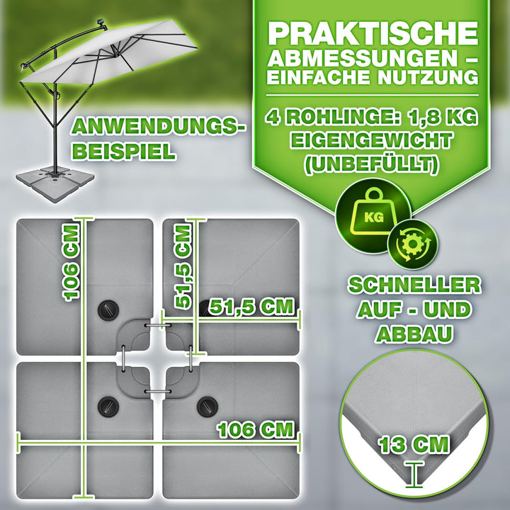 tillvex® Sonnenschirmständer 90 Liter / 120 kg – 4-teilig für Ampelschirm inkl. Metallverbinder | Sc