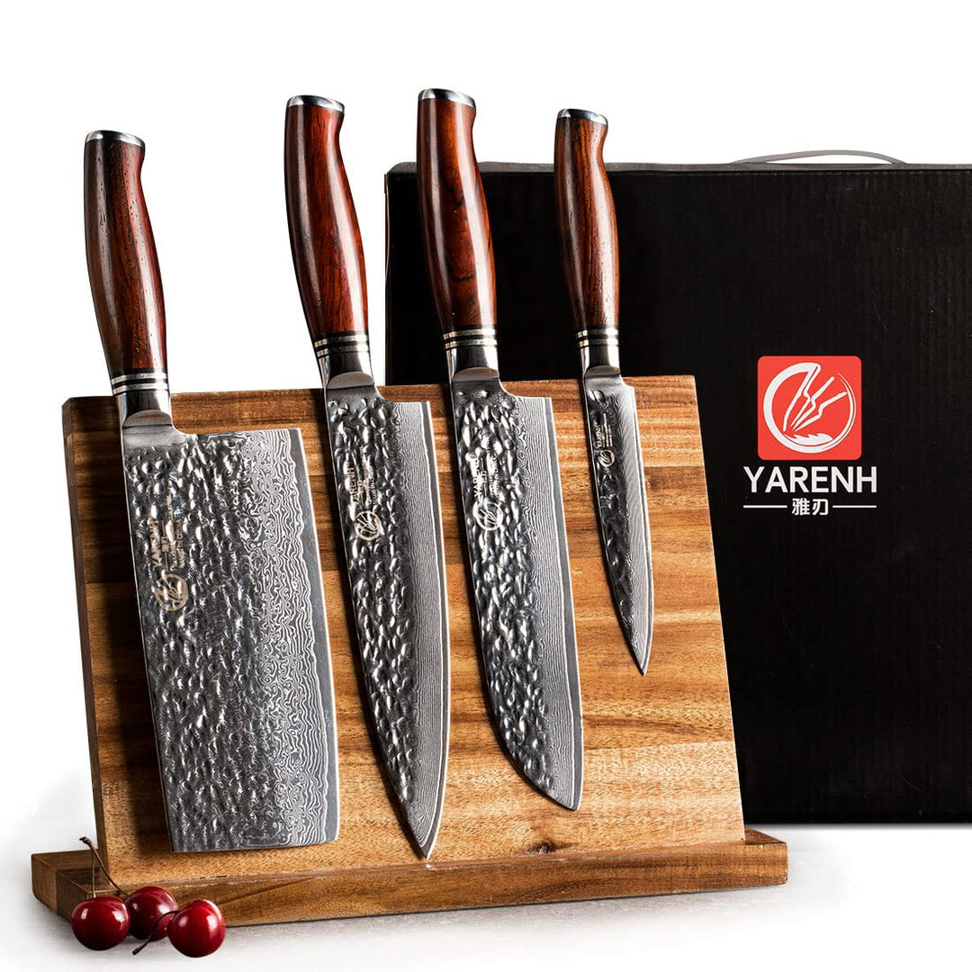 YARENH Damastmesser Set 5 er, Scharfe Messer aus 73 Lagen Damaststahl Klinge und Holzgriff, Messer S