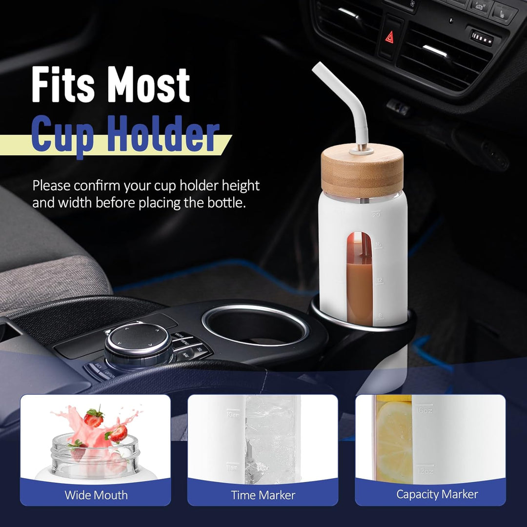 BLUEGO 600ml Glaswasserflasche mit Strohhalm und 2 Deckeln Kaffeetasse aus Glas mit Zeitmarkierung u