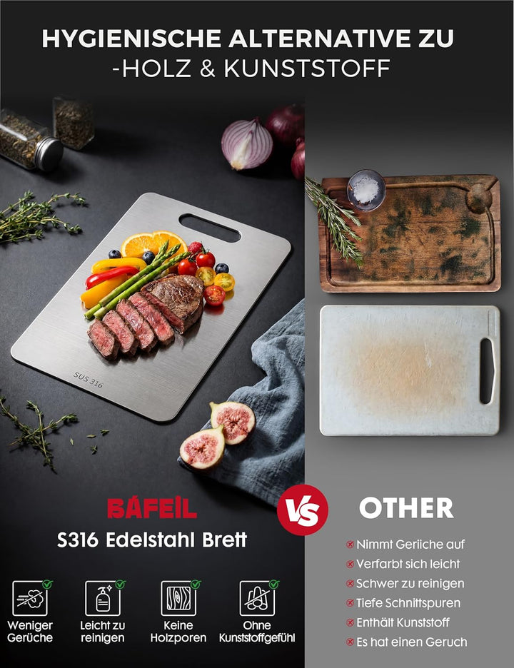 Titan Schneidebrett Set 3 Stück - S316 Edelstahl Schneidebrett, Titanium Cutting Board, Doppelseitig