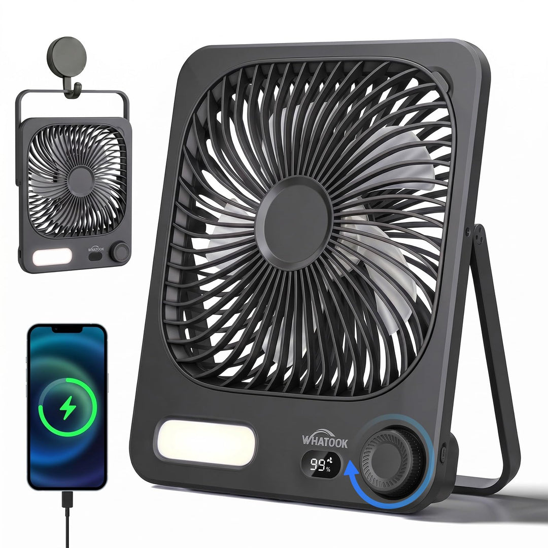 Akku Ventilator: 10000mAh 40H Tischventilator Leise mit 100 Stufen, 15s Auto-Aus LED Display, Reinig